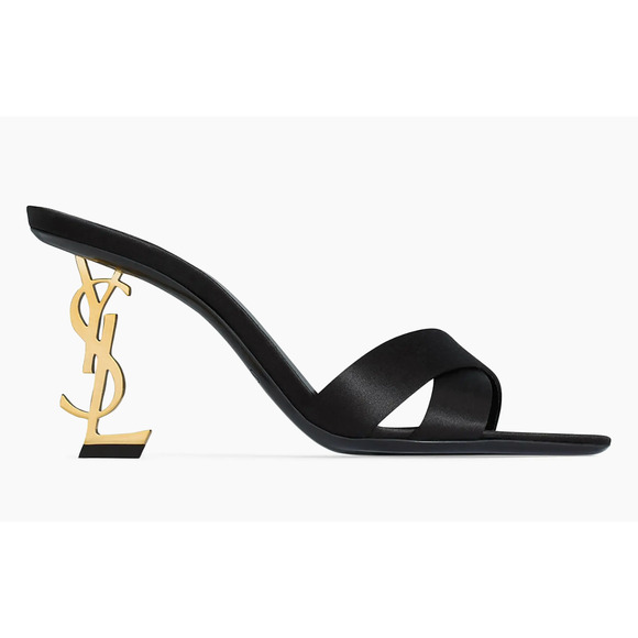 Saint Laurent Opyum 85 Sandal Black Satin Gold YSL Heel Backless Mule Pump 36 - Picture 1 of 16
